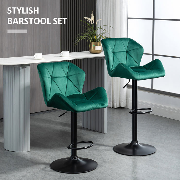 Luxurious Velvet Swivel Bar Stools - Pair of Adjustable Height Barstools with Metal Frame, Footrest, and Round Base - Ideal for Kitchen Island and Home Bar Comfort Seating in Green