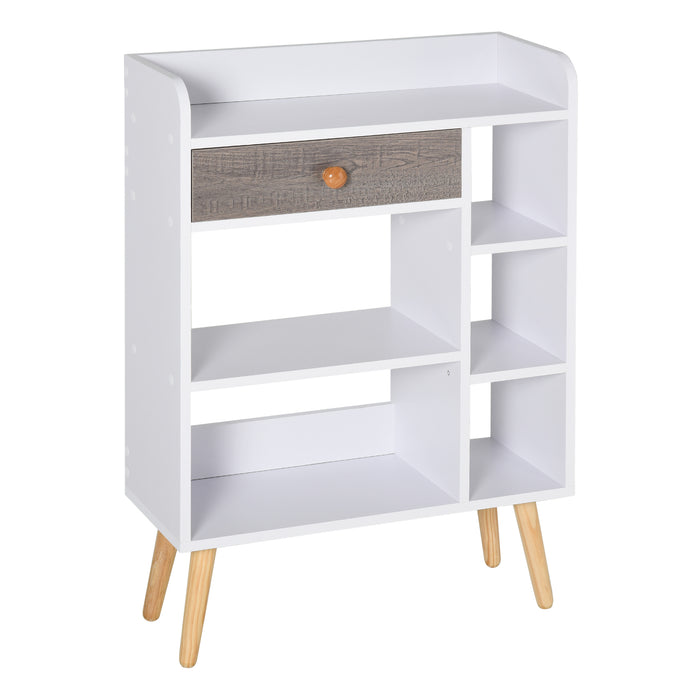 Modern Multi-Shelf Bookcase with Drawer - Freestanding 6-Tier Storage, Wooden Legs, Stylish White & Grey Finish - Ideal for Home Office and Display Décor