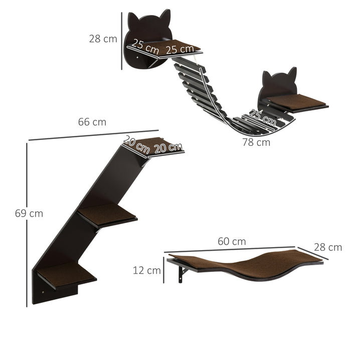 Cat Climbing Shelf Set - 3PC Wall-Mounted Jumping Platforms, Ladders for Active Cats - Kitten Activity Center in Coffee Brown