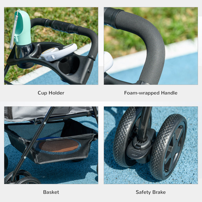 No-Zip Pet Stroller for Dogs and Cats - Travel Pushchair with One-Click Folding, EVA Wheels, Brake, and Basket - Adjustable Canopy and Safety Leash for Secure Outdoor Excursions in Grey