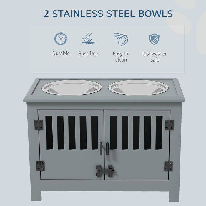 Elevated Dog Feeder Station for Large Breeds - Dual Stainless Steel Bowls with Latched Door Storage Cabinet - Ergonomic Pet Dining Solution & Organized Food Storage
