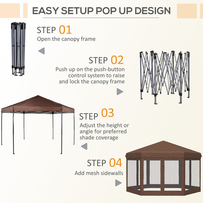 Hexagonal Pop-Up Gazebo - 3x3.5m Canopy with Adjustable Height, Sun Shelter, Mosquito Netting & Zipped Door, Brown - Ideal for Outdoor Parties & Gatherings