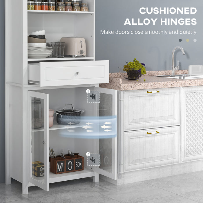 Pantry Storage Unit with Tempered Glass Doors - Kitchen Cupboard with Drawer, Open Shelf & Adjustable Shelves | 181.5 cm Tall in White - Ideal for Organizing Kitchenware & Food Essentials