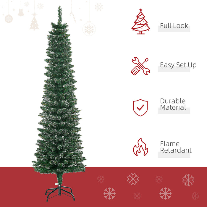 Artificial Snow-Dipped Christmas Pencil Tree 5.5FT - Xmas Holiday Home Indoor Decoration with Foldable Black Stand - Ideal for Festive Space-Saving Display