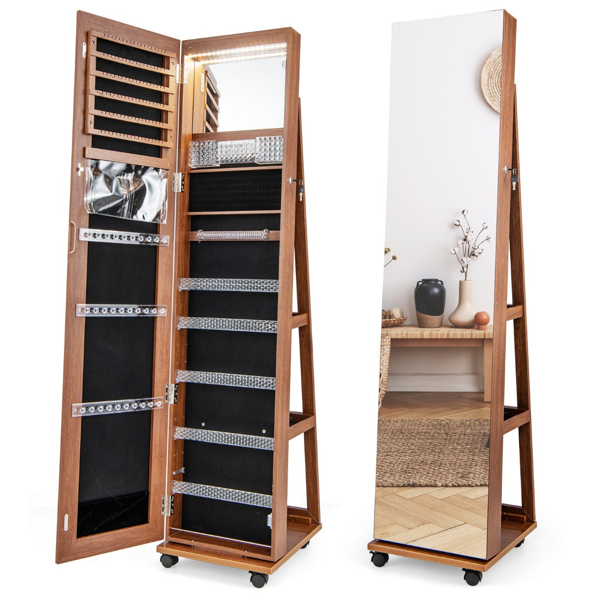 Lockable Cabinet Armoire - Built-In Makeup Mirror, 3-Color LED Lights, Jewelry Storage - Ideal for Cosmetics and Accessory Organization