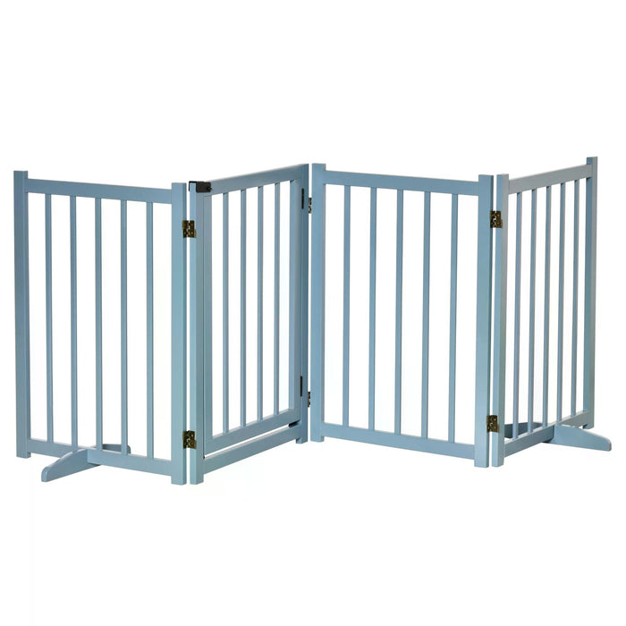 Freestanding Foldable Wooden Pet Gate - 4-Panel Dog Safety Barrier with Support Feet - Ideal for Small to Medium Pooches, Doorways & Stairs, Blue