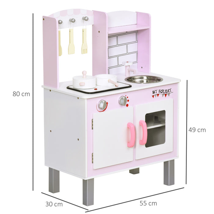 Wooden Kids Play Kitchen Set with Cooking Sounds - Complete Pretend Playset with Utensils, Pans, and Storage - Ideal for Children's Role Play and Learning, Age 3+, in Pink