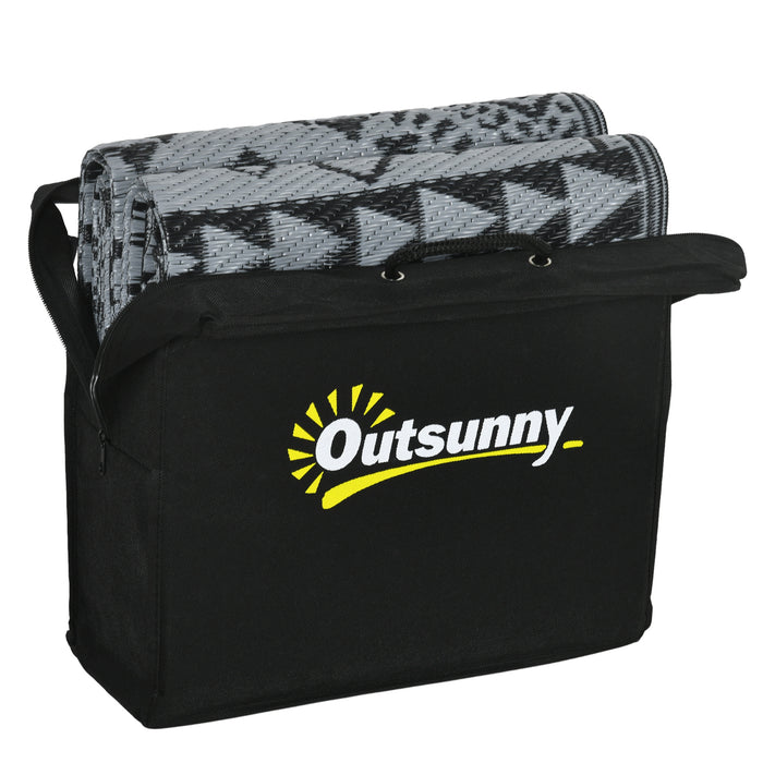 Reversible Outdoor RV Mat with Carry Bag - Durable Plastic Straw Weave, Black and Grey, 182x274cm - Ideal for Camping, Picnics & Patio Use