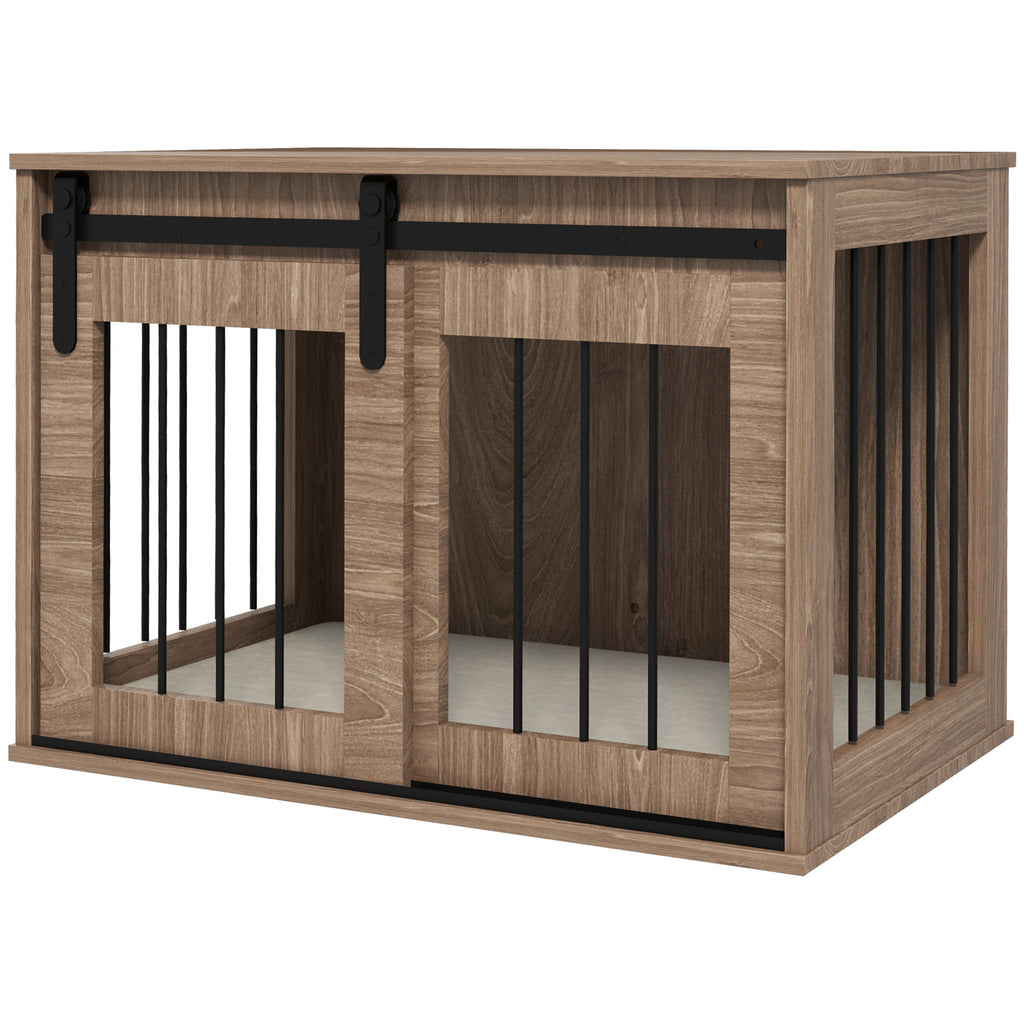 Stylish Brown Dog Crate with Cushioned Interior - Comfortable Home for Medium Dogs, 80x54x57 cm - Pet-Friendly Furniture with Removable Bedding