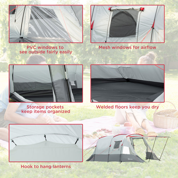6-8 Person Family Tunnel Tent - Spacious Camping Shelter with Bedroom, Living Room, Sewn-in Groundsheet, Triple Access Points - Ideal for Group Outings, Waterproof 2000mm Fishing Tent, Grey