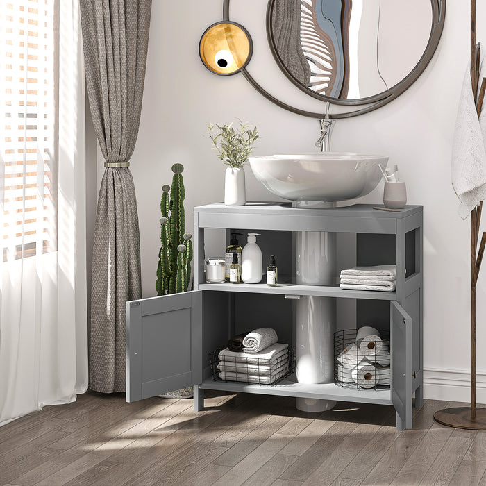 Modern Double-Door Pedestal Sink Cabinet - Light Grey Bathroom Vanity Storage with Shelves - Ideal for Under Sink Organization
