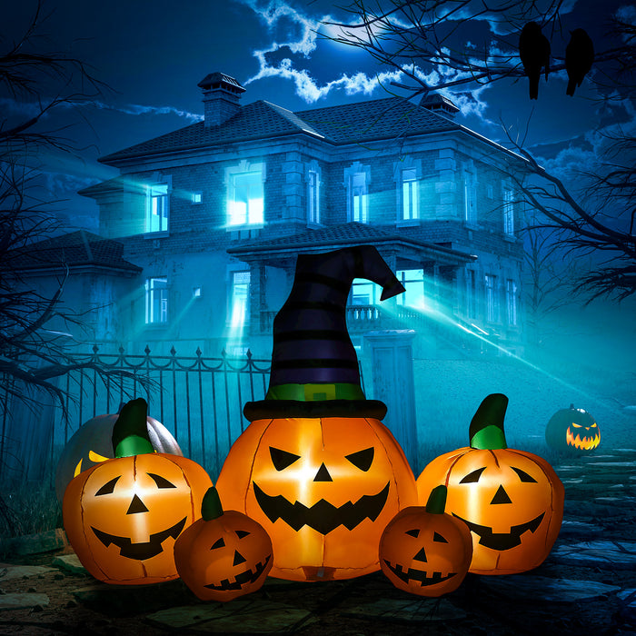 Large 6ft Inflatable Halloween Pumpkin with Hat and LED Lights - Includes Four Mini Pumpkins, Blow-Up Outdoor Decoration - Quick Setup for Festive Garden Display