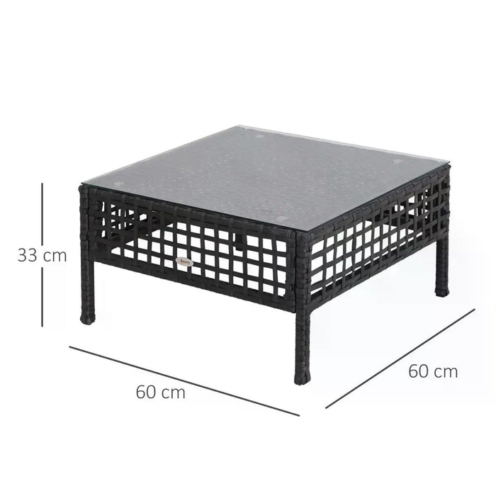 Rattan Coffee End Table with Glass Top - 60x60x33cm Black Finish - Elegant Furniture for Living Room or Patio
