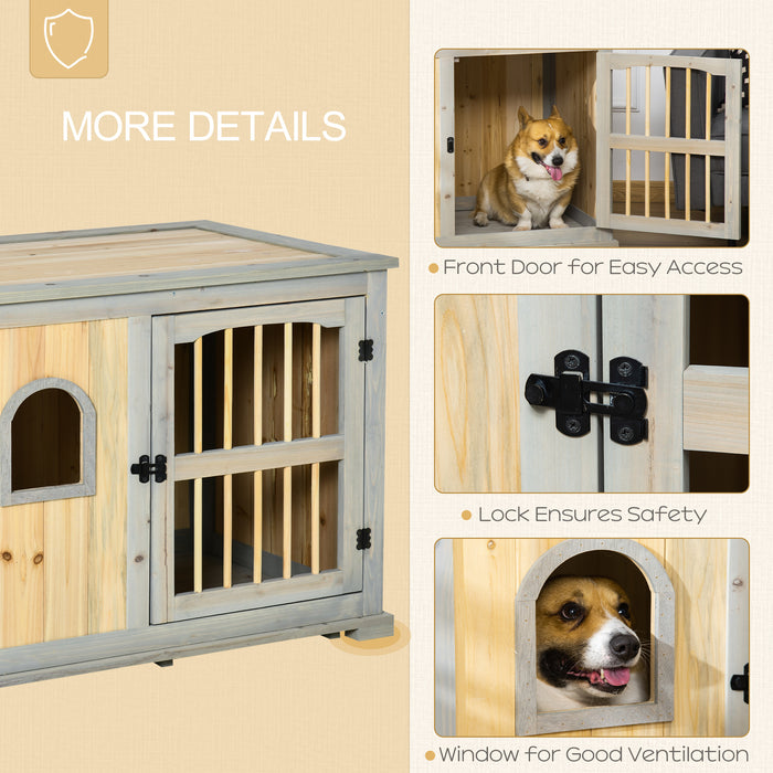 Wooden Dog Crate End Table - Lockable Door, Windowed Pet Sanctuary for Small/Medium Dogs, Dual-Tone Grey & Yellow - Stylish Pet-Friendly Furniture & Home Solution