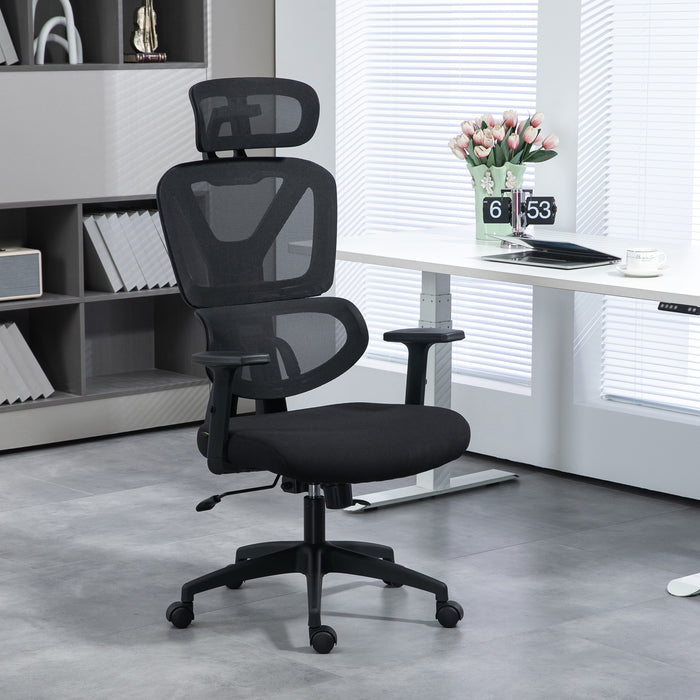 Ergonomic Mesh Office Chair - Height Adjustable with Lumbar Support, Swivel Wheels & Adjustable Headrest - Comfortable Seating for Desk Work, Black