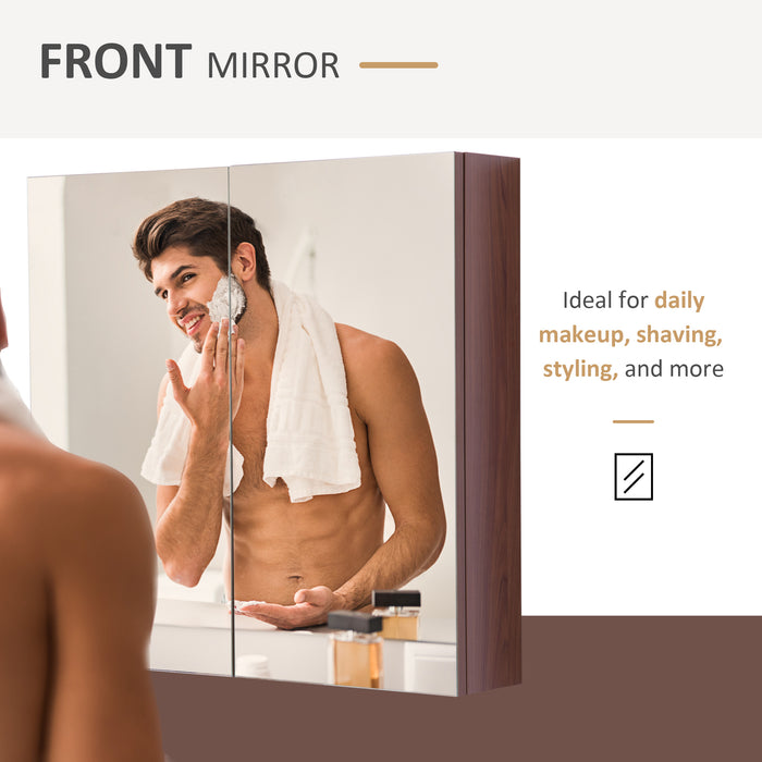 Wall Mounted Glass Mirror Cabinet in Light Walnut - Bathroom Storage Solution with Shelves, 63cm W x 60cm H x 13.5cm D - Ideal for Organizing Toiletries and Cosmetics
