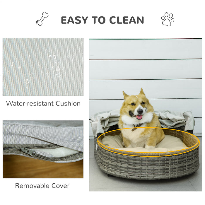 Outdoor Wicker Pet Bed with Canopy - Grey Dog Basket with Comfort Cushion for Small to Medium Dogs - Stylish Elevated Lounger for Pets