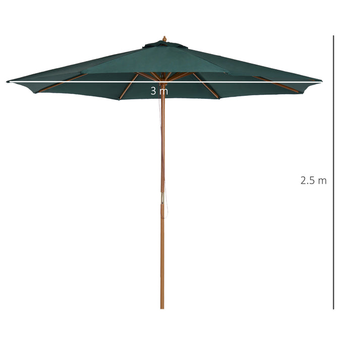 Wooden Patio Umbrella 3m - Pulley-Operated Garden Parasol with 8 Ribs in Dark Green - Ideal for Outdoor Shade and Relaxation