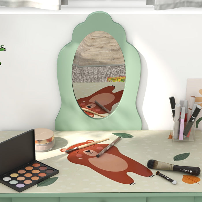 Cute Animal-Themed Toddler Bed Frame and Dressing Table Set - Includes Mirror and Stool for Kids Bedroom - Ideal Furniture for Ages 3-6 Years, Vibrant Green Color