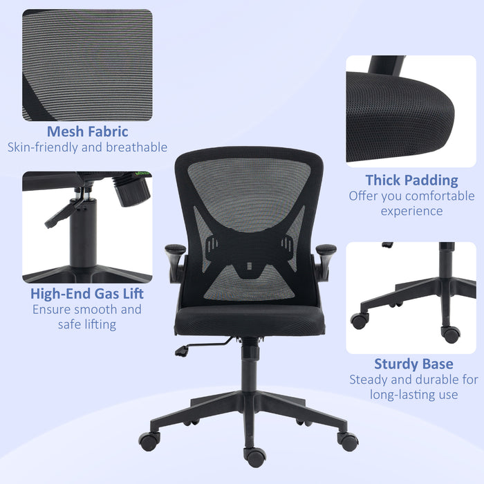 Ergonomic Mesh Office Chair with Flip-up Armrests - Computer Desk Chair with Lumbar Support & 360° Swivel Wheels, Black - Ideal for Comfortable Working Environments