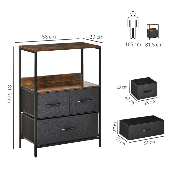 Storage Cabinet with 3 Fabric Bins - Chest of Drawers for Bedroom, Living Room and Entryway Organization - Sleek Black Unit for Home Clutter Control
