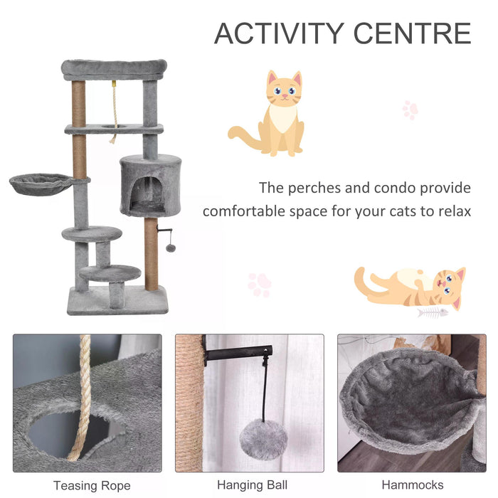 Luxury 120cm Jute Cat Tree - Scratching Post, Hammock, Perch, Hanging Ball, Teasing Rope, Condo Playhouse - Ideal for Cat's Play and Rest, Light Grey
