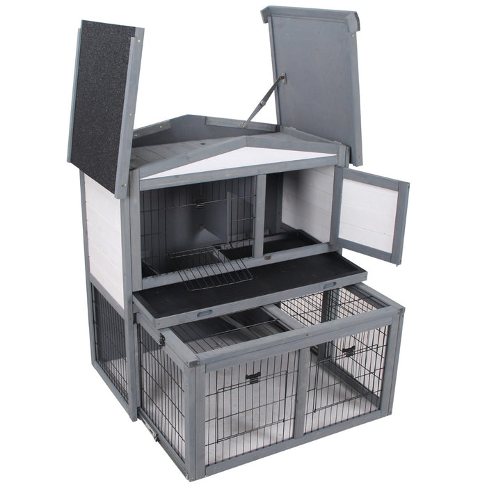 2-Tier Fur Wood Rabbit Hutch - Weatherproof Outdoor Pet Shelter in Grey - Ideal for Bunny Safety and Comfort