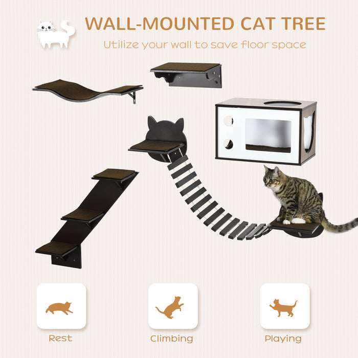 Cat Wall Shelves 5-Piece Set - Curved Platform, Condo, Bridge, Stairs & Perch - Space-Saving Wall-Mounted Cat Tree for Indoor Cats, Brown
