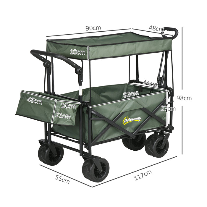 Beach Trailer Folding Trolley - 4-Wheel Storage Wagon with Canopy and Pull Handle - Ideal for Camping and Outings in Green