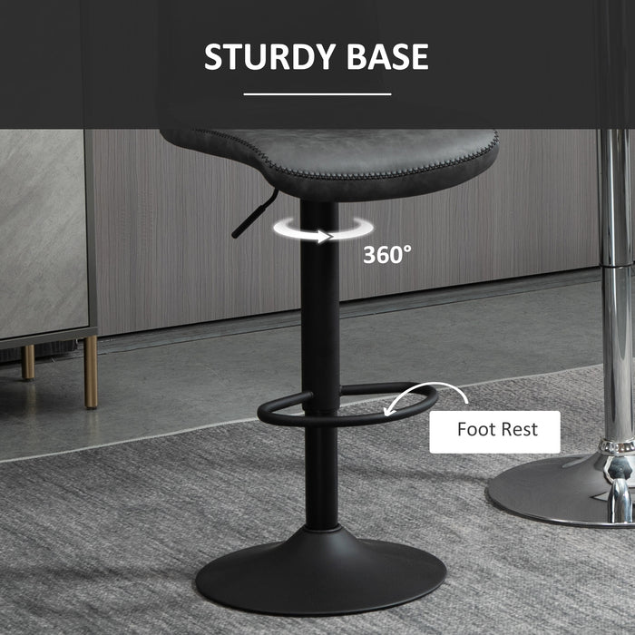 Adjustable Leather Bar Stools, Set of 2 - Swivel Seat with Height Adjustment and Footrest, Grey - Ideal for Kitchen, Breakfast Bars, and Home Entertainment Areas