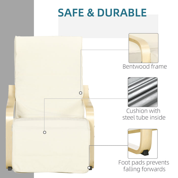 Wooden Lounging Chair with Adjustable Footrest - Cream White Relaxing Recliner with Removable Cushion - Ideal for Deck Lounging and Outdoor Comfort