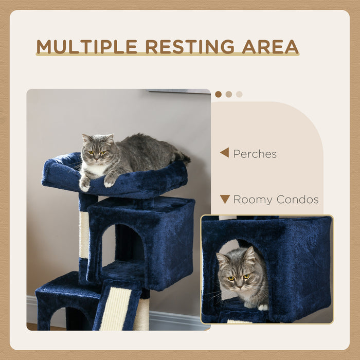 Deluxe Sisal Cat Tree with Dual Condos - Navy Blue Feline Rest & Play Station with Sturdy Scratching Posts - Ideal for Indoor Cats' Exercise and Entertainment