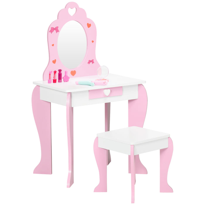 Kids Vanity Table and Stool Set - Pink Makeup Desk with Mirror, Drawer, and Cute Patterns - Ideal for Girls Aged 3-6 Years Old