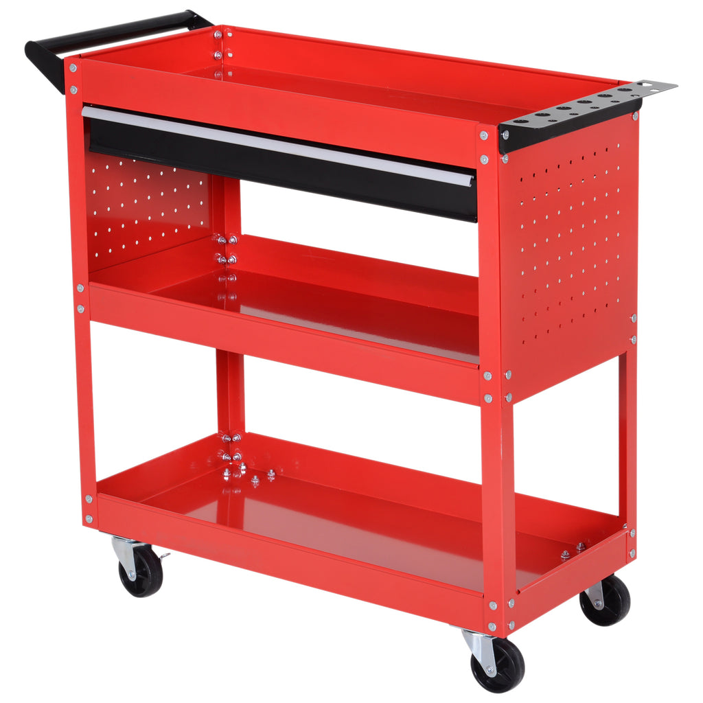 3-Tier Tool Trolley Cart with Drawer - Sturdy Storage Roller Cabinet for DIY & Garage Workshop - Mobile Organizer for Handyman Tools and Equipment