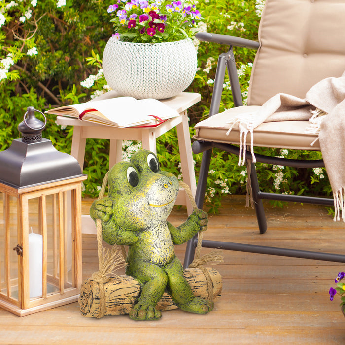 Vivid Frog on Swing Hanging Garden Statue - Artistic Outdoor Sculpture in Green - Charming Home Decor and Garden Enhancement