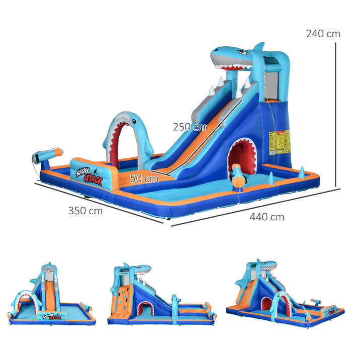 6-in-1 Shark-Themed Inflatable Play Center - Bouncy Castle, Water Park, Slide, Pool, Trampoline with Blower - Ideal for Kids Aged 3-8 Years