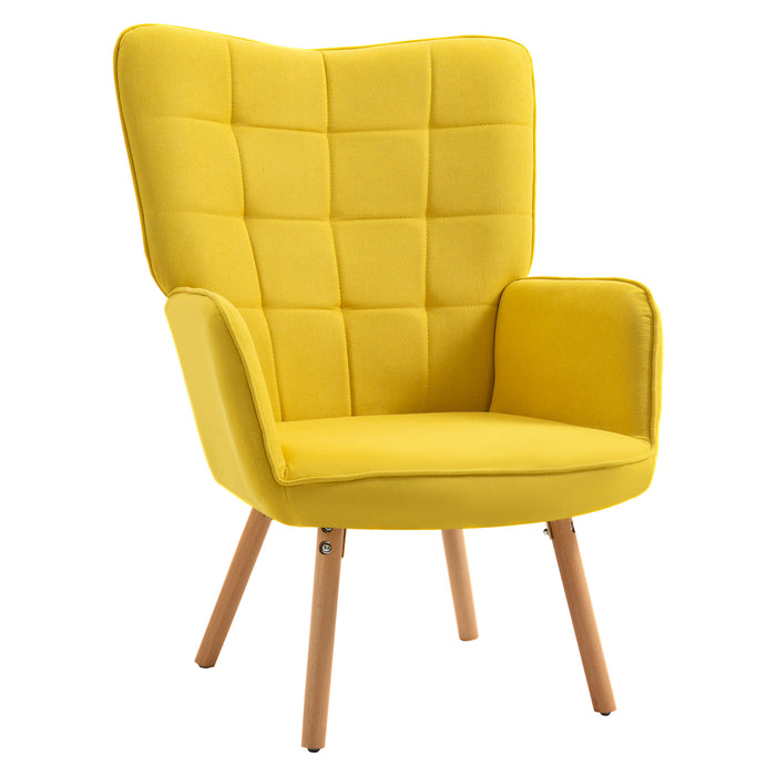 Velvet-Touch Tufted Wingback Armchair - Modern Upholstered Accent Chair with Wooden Legs in Vibrant Yellow - Stylish Lounge & Club Seating for Contemporary Homes