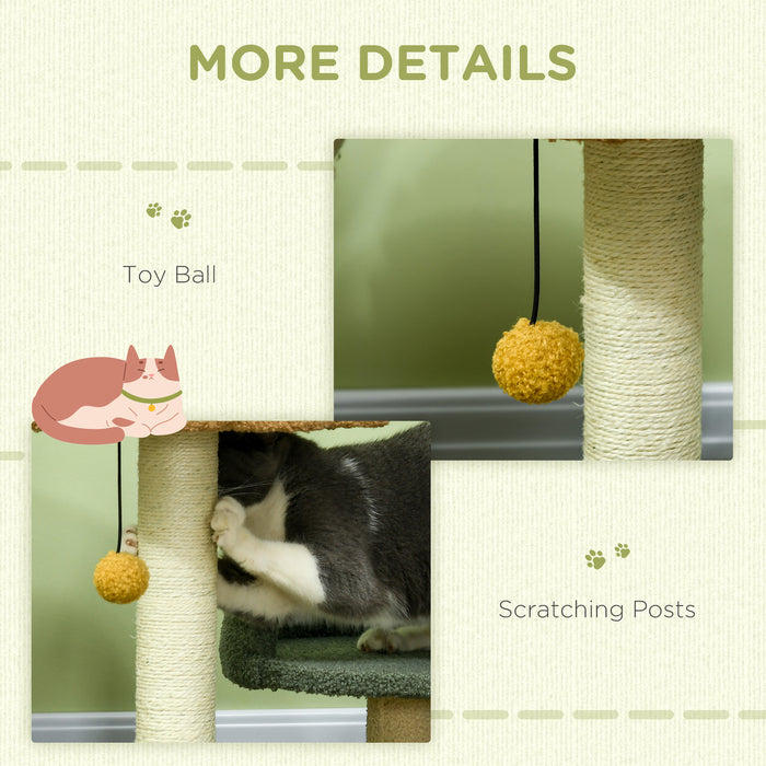 Compact Feline Playground - Indoor Cat Tree with Scratching Posts, Dual Cozy Beds, and Playful Toy Ball - Perfect for Playful Kittens and Adult Cats