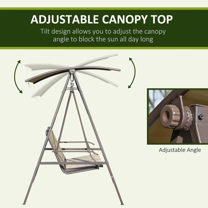 2 Seater Garden Swing Chair - Outdoor Canopy Bench with Adjustable Sunshade and Sturdy Metal Frame, Brown - Ideal for Patio Relaxation and Comfort