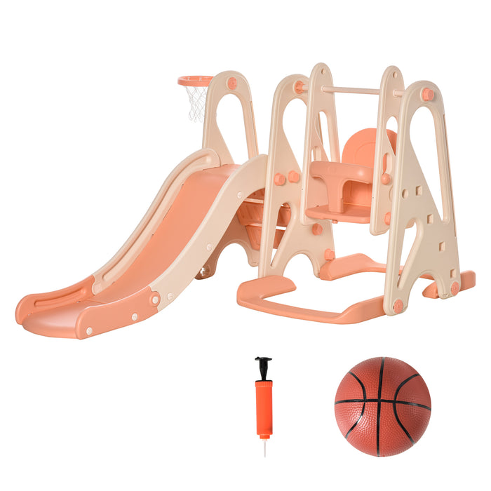 Kids Swing, Slide and Basketball Hoop Combo - 3-in-1 Toddler Playground Set in Pink - Multi-Activity Fun Center for Children