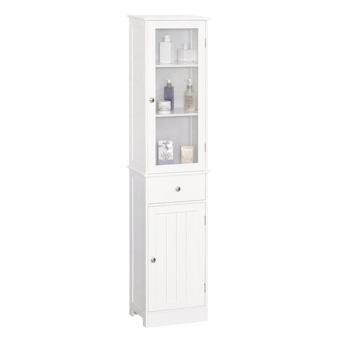 Slim White Bathroom Floor Cabinet - 3-Tier Shelf with Drawer and Door, Free Standing Storage Organizer - Ideal Space Saver for Toiletries and Linens