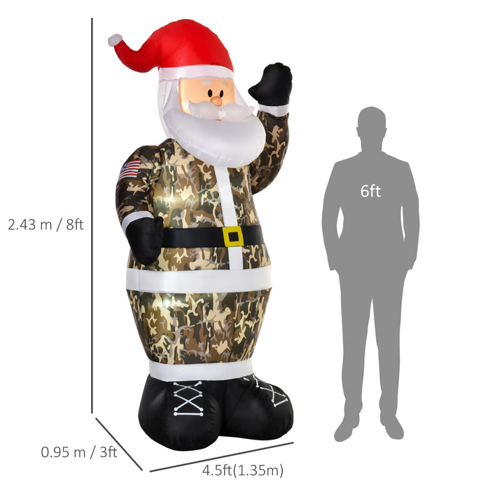 8ft Inflatable Camo Santa Claus - LED-Lit Outdoor Christmas Yard Decor with Salute Pose - Festive Display for Home & Garden Holiday Celebrations