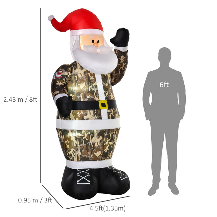 8ft Inflatable Camo Santa Claus - LED-Lit Outdoor Christmas Yard Decor with Salute Pose - Festive Display for Home & Garden Holiday Celebrations