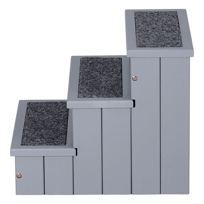 3-Step Wooden Pet Stairs - Dog and Cat Friendly Steps with Non-Slip Carpet Treads, Grey - Ideal for Small to Medium Sized Pets Accessing Beds and Sofas