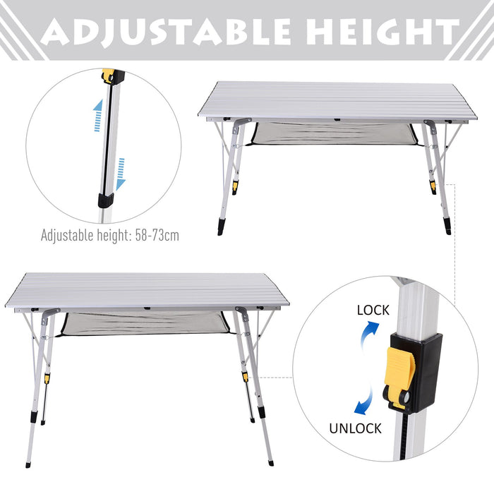 Portable 4FT Aluminum Folding Table - Picnic & Camping Table with Roll-Up Top and Mesh Rack - Ideal for Outdoor BBQs and Gatherings