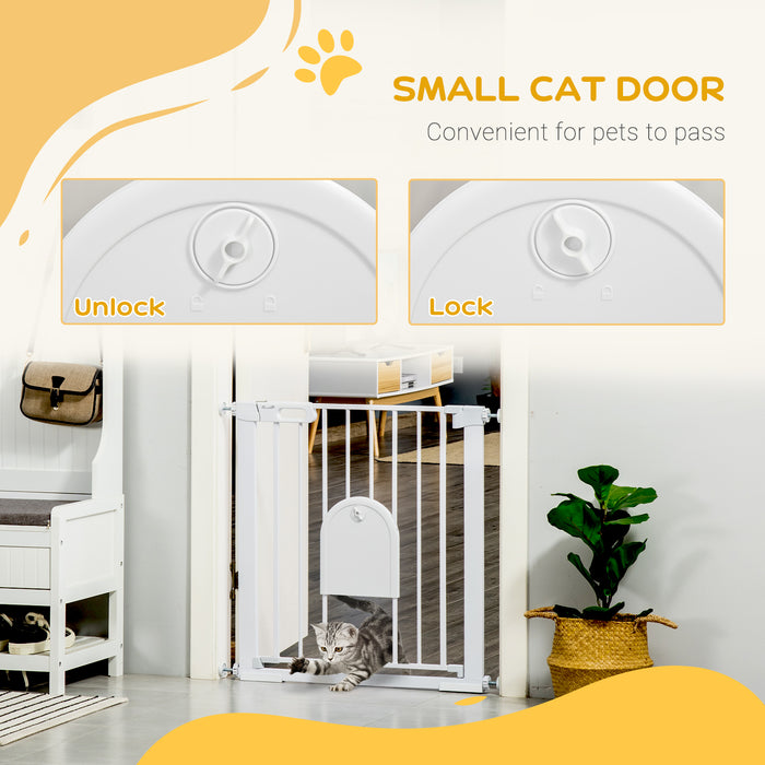 Pressure Fit Double Locking Pet Safety Gate, 75-82cm - Includes Cat Flap for Doorways and Hallways, White - Ideal Barrier for Pets and Small Animals