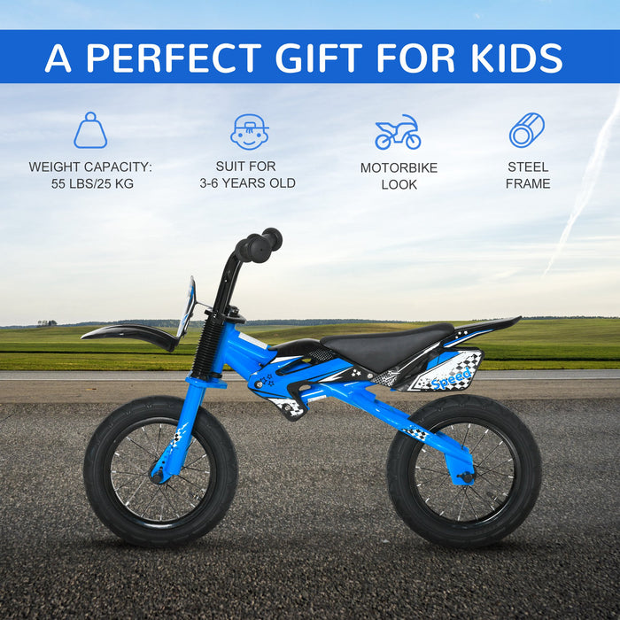 Kids Balance Bike with No Pedals - Steel Frame Motorbike Design, Air-Filled Tires, Adjustable PU Seat - Training Bicycle for 3-6 Year Olds, Blue