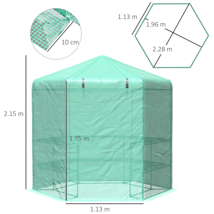 Hexagon Walk-In Greenhouse - PE Cover, Flower & Plant Growth Enclosure with Zippered Door - Perfect for Gardeners, 225x194x215 cm