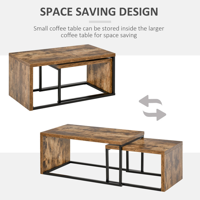 Industrial Style Coffee & Tea Table Set - 2-Piece Side Tables with Metal Frame for Home Decor - Perfect for Living Room and Bedroom, Black & Brown