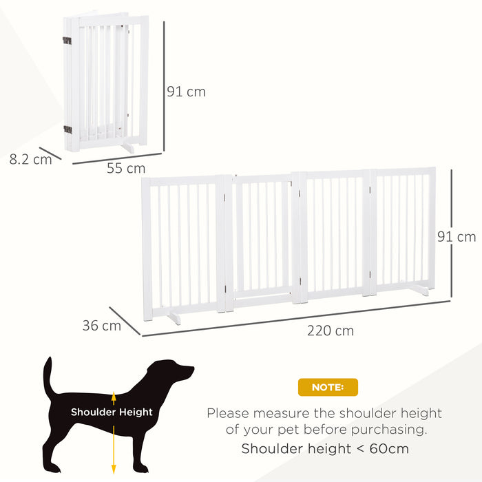 Freestanding 4-Panel Wooden Pet Gate - 91cm Foldable Dog Barrier with Walk-Through Door & Stabilizing Feet - Ideal for Doorway & Stairs Safety, White